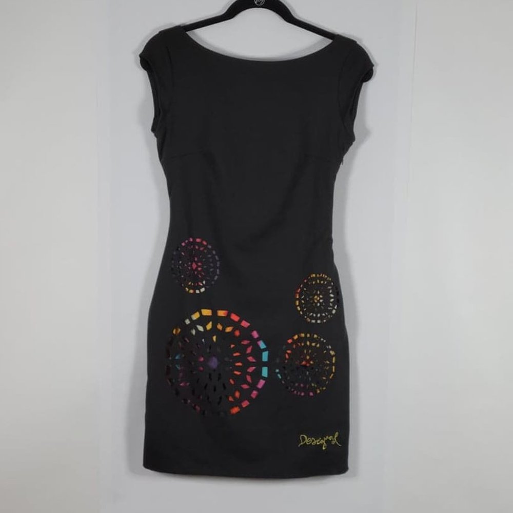 Desigual Black Mini Dress with Multicolor Circle Cutout Details